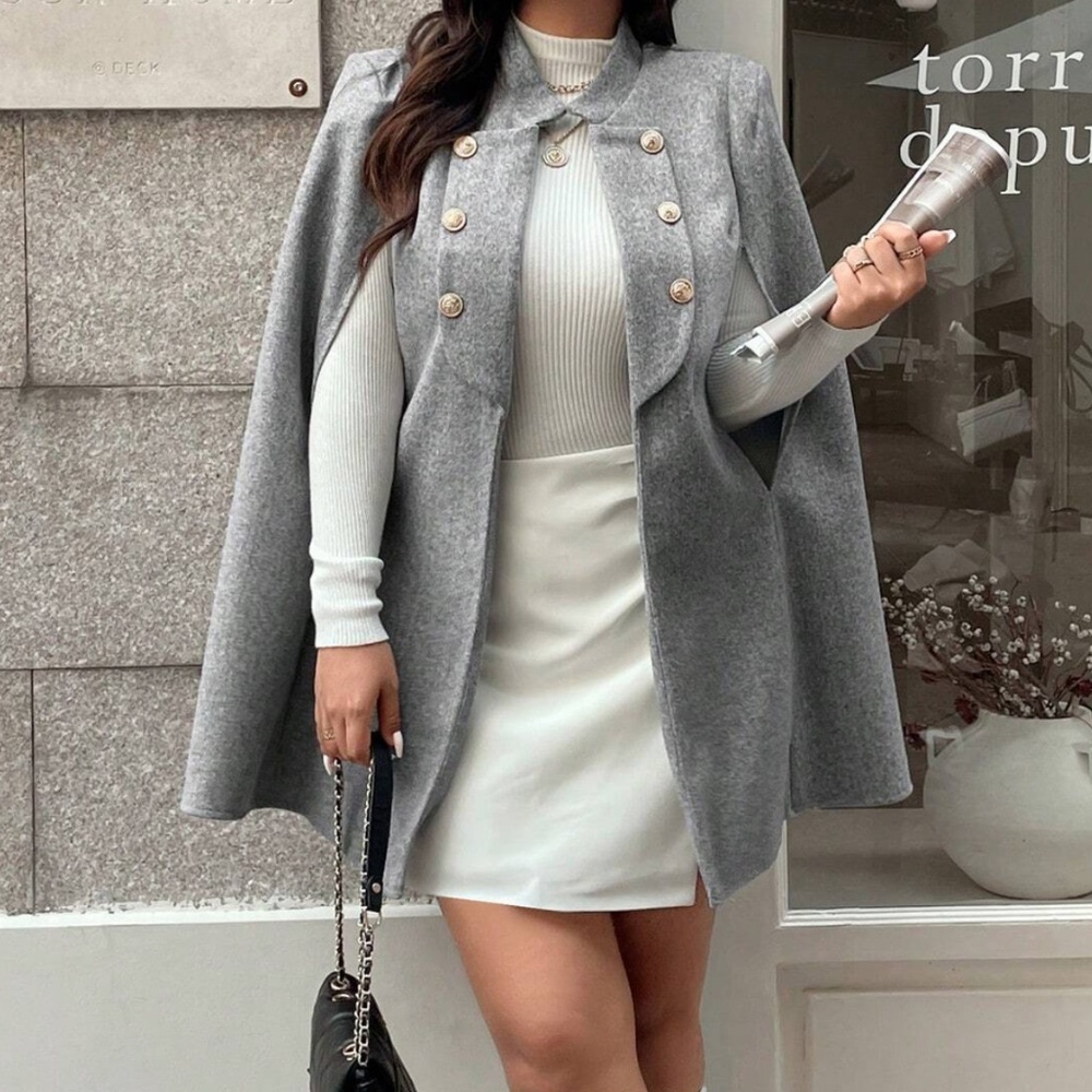 Plus Solid Button Detail Cape Jacket Coat - Picture 5 of 10